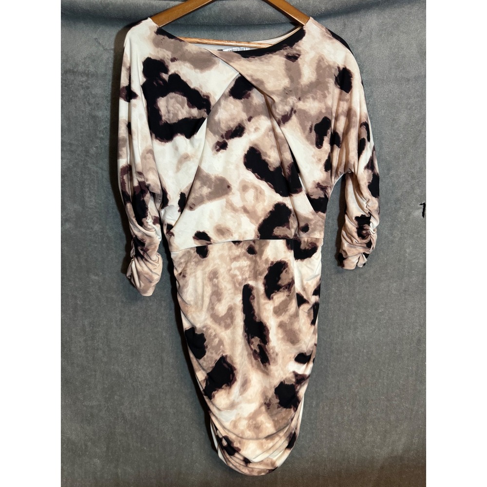 Jennifer Lopez Womens Abstract Animal Print Ruched Sheath Dress Tan Black Medium